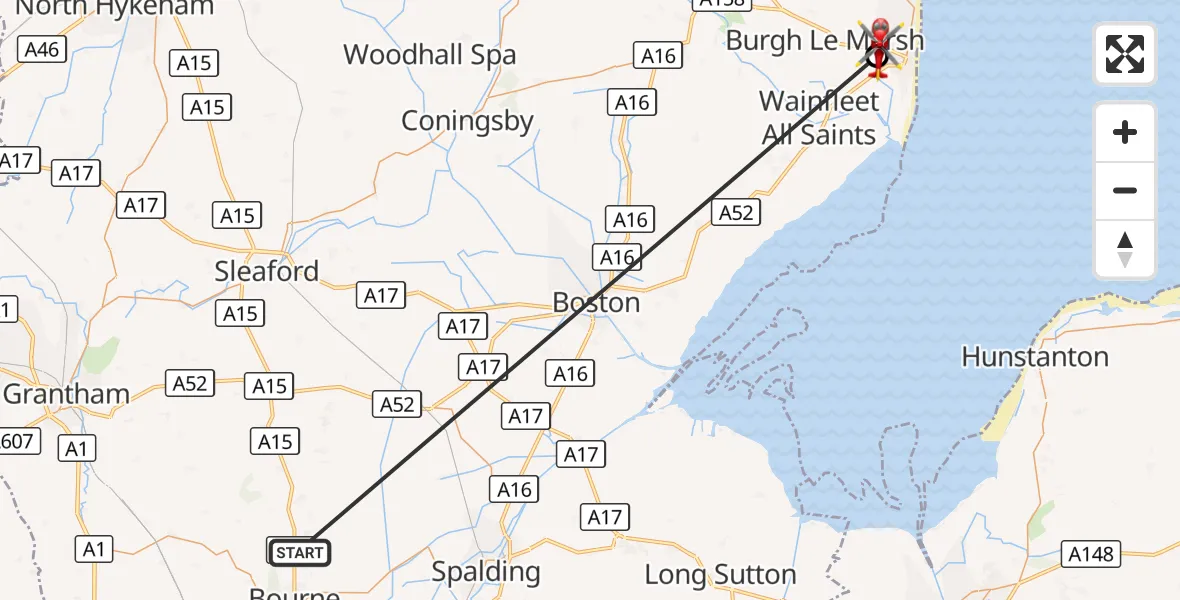 Flight route Air Ambulance Helicopter Morton - Skegness, 17 October 2026, 19:31