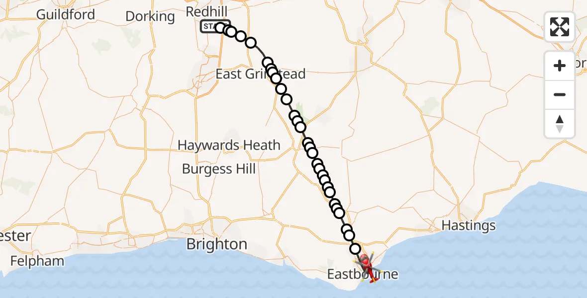 Flight route Air Ambulance Helicopter Redhill Aerodrome - Eastbourne, 17 October 2026, 20:19