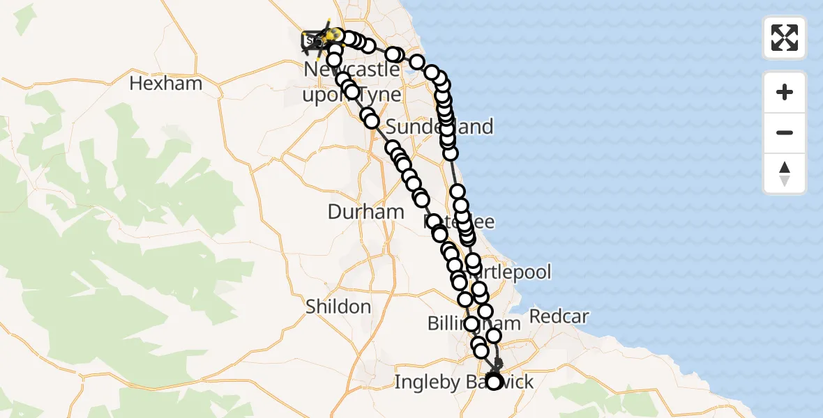 Flight route Police Helicopter Newcastle International Airport - Newcastle International Airport, 17 October 2026, 20:49