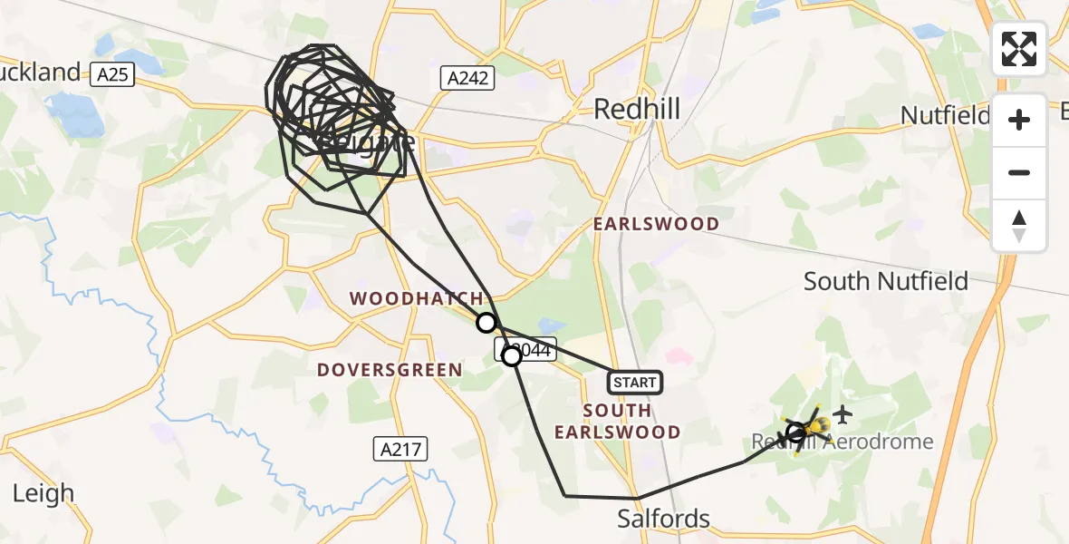 Flight route Police Helicopter Salfords - Redhill Aerodrome, 17 October 2026, 21:44