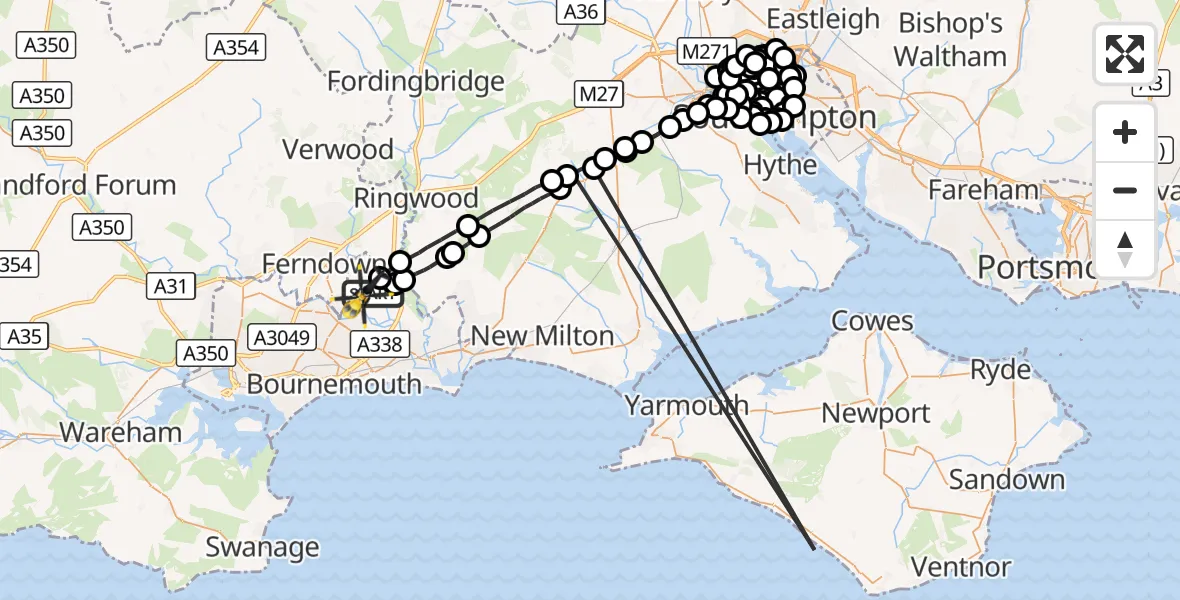 Flight route Police Helicopter Bournemouth Airport - Bournemouth Airport, 17 October 2026, 22:11