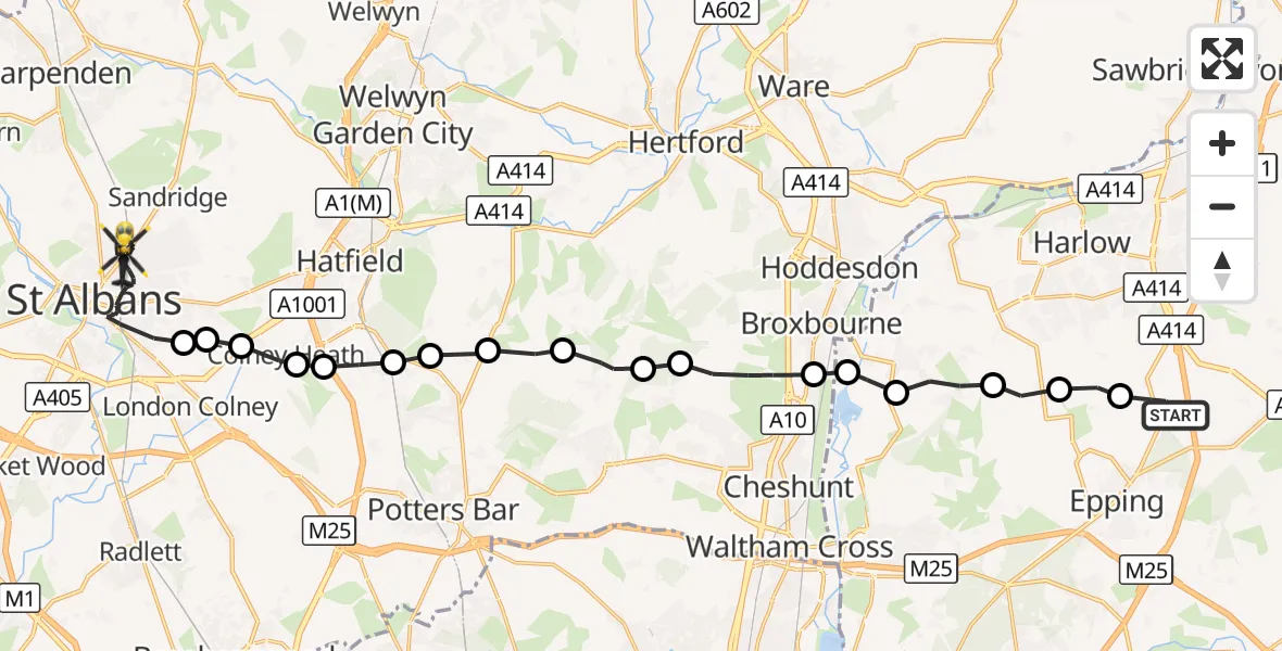 Flight route Police Helicopter North Weald Bassett - St Albans, 17 October 2026, 22:19