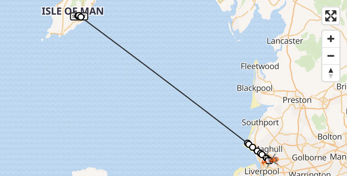 Flight route Coastguard Helicopter Noble's Hospital Heliport - Fazakerley, 17 October 2026, 22:25