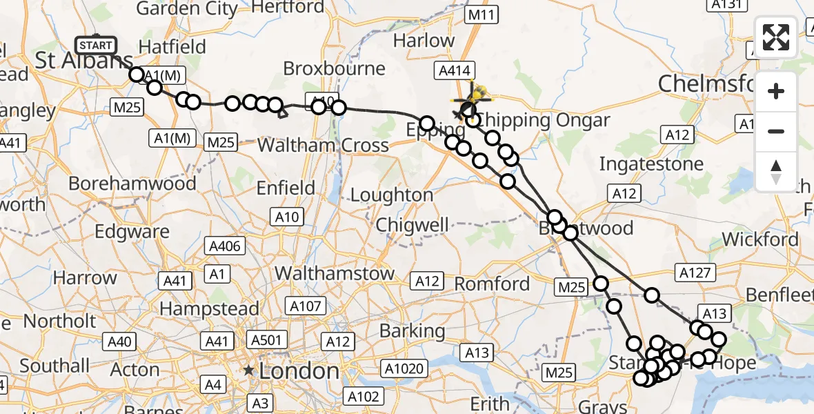 Flight route Police Helicopter St Albans - North Weald Airfield, 17 October 2026, 22:45