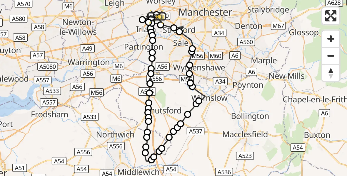 Flight route Police Helicopter Manchester Barton Aerodrome - Manchester Barton Aerodrome, 17 October 2026, 23:41