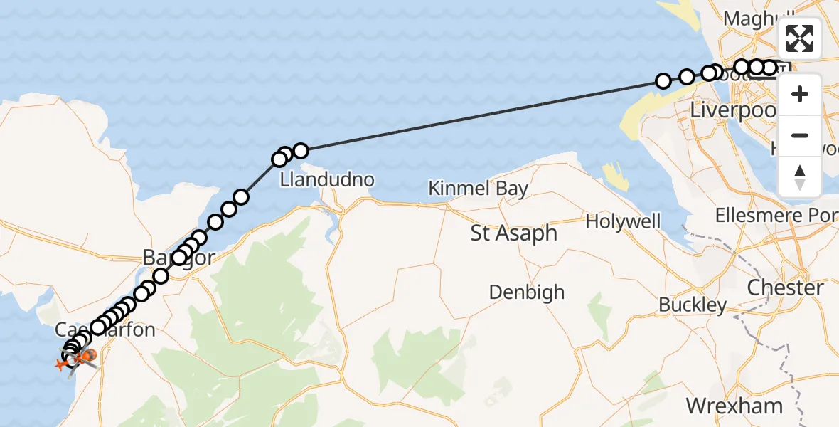 Flight route Coastguard Helicopter Fazakerley - Caernarfon Airport, 17 October 2026, 23:47