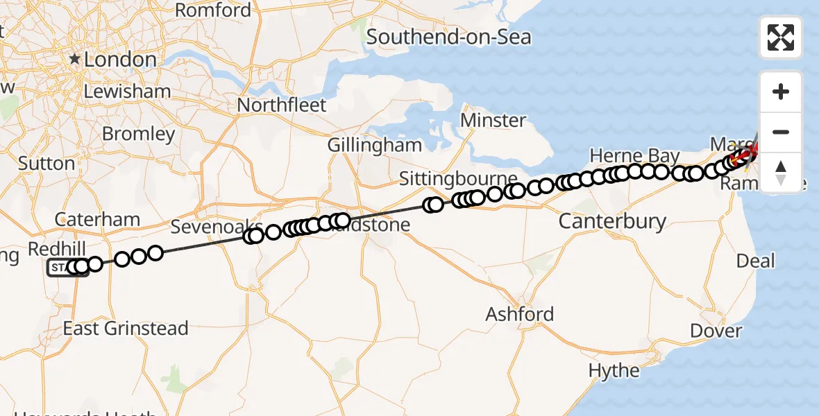 Flight route Air Ambulance Helicopter Redhill Aerodrome - Margate, 17 October 2026, 23:47