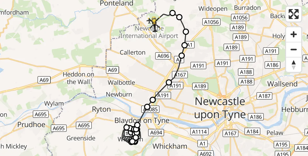 Flight route Police Helicopter Gateshead - Newcastle International Airport, 17 October 2026, 23:50