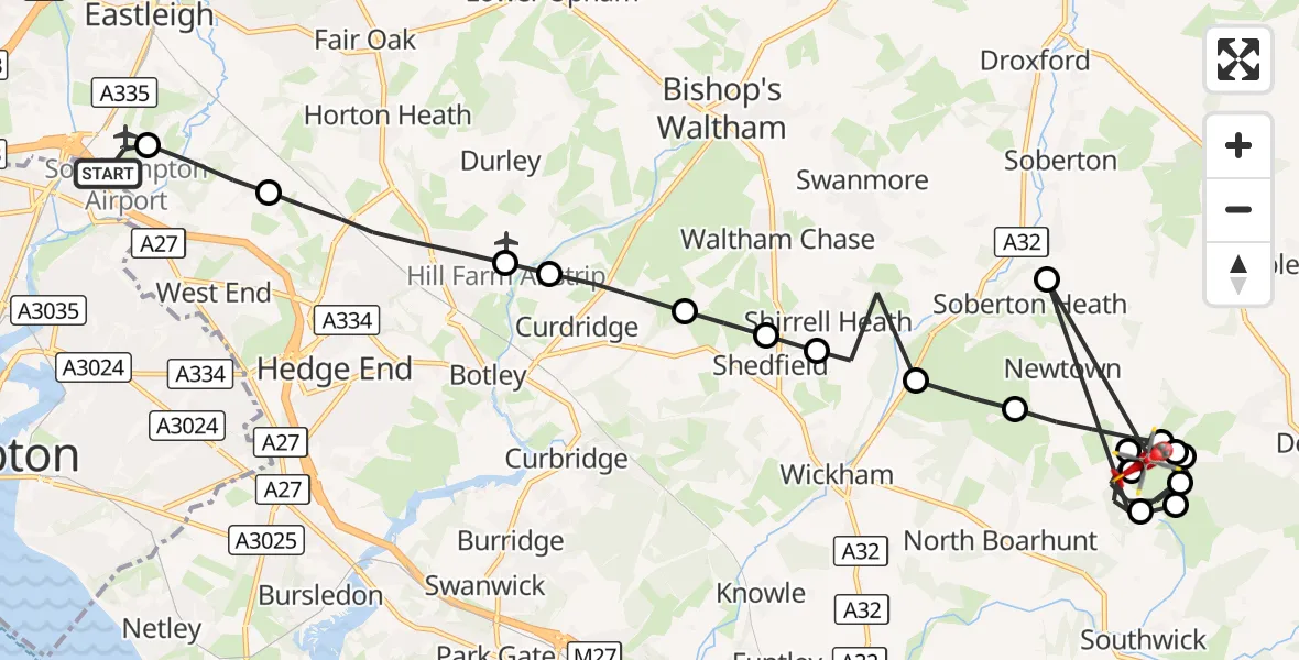 Flight route Air Ambulance Helicopter Southampton Airport - Newtown, 18 October 2026, 00:13