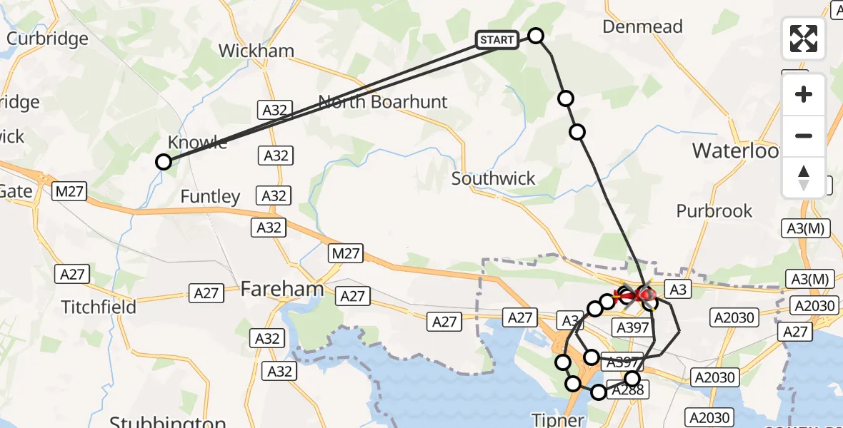 Flight route Air Ambulance Helicopter Winchester - Queen Alexandra Hospital, 18 October 2026, 00:56