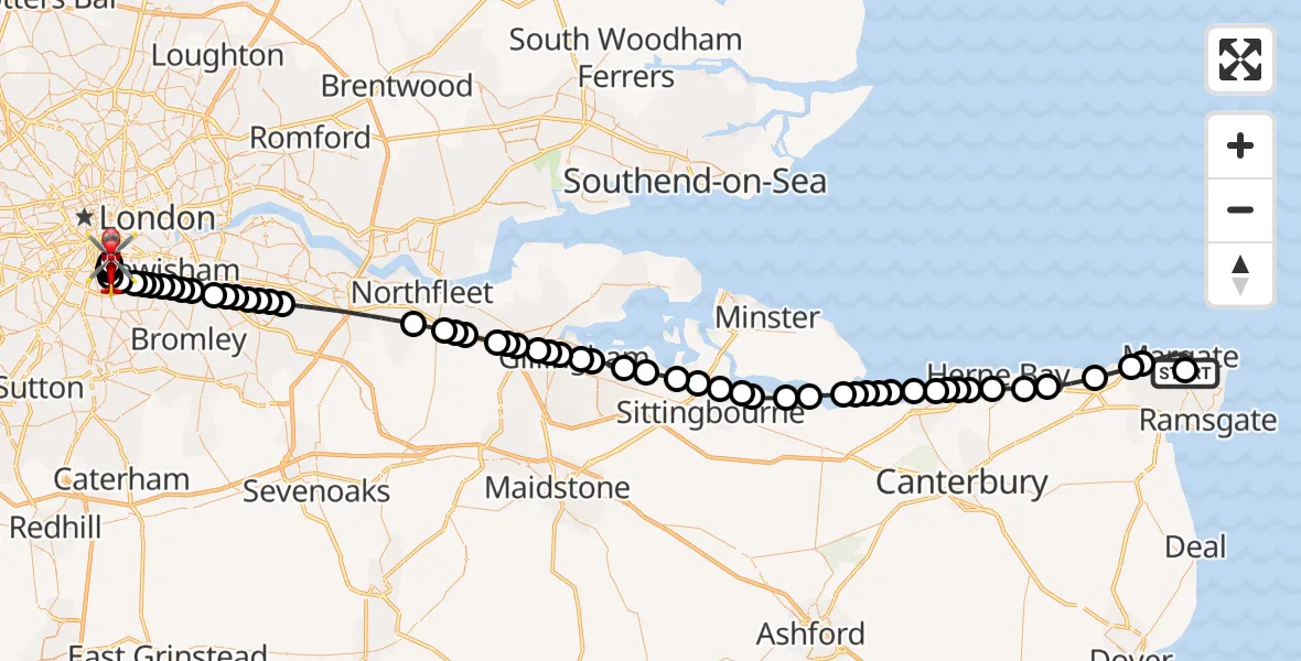 Flight route Air Ambulance Helicopter Queen Elizabeth The Queen Mother Hospital Heliport - Kings College London Hospital, 18 October 2026, 01:12