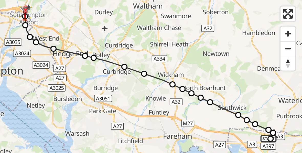 Flight route Air Ambulance Helicopter Queen Alexandra Hospital - Southampton Airport, 18 October 2026, 01:28