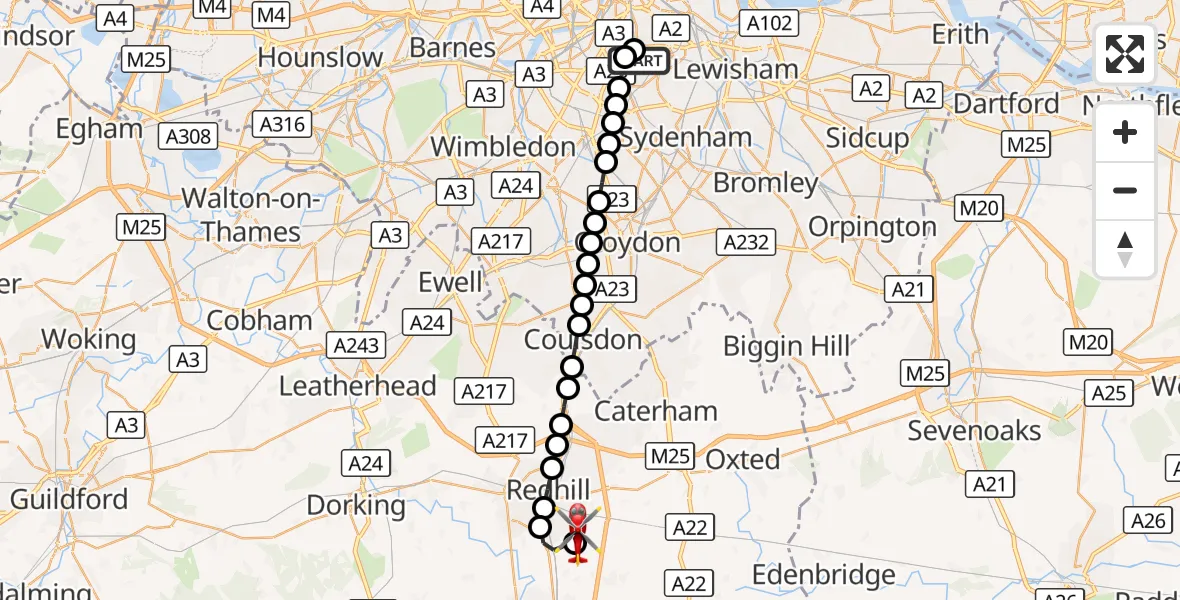 Flight route Air Ambulance Helicopter Kings College London Hospital - Redhill Aerodrome, 18 October 2026, 02:28