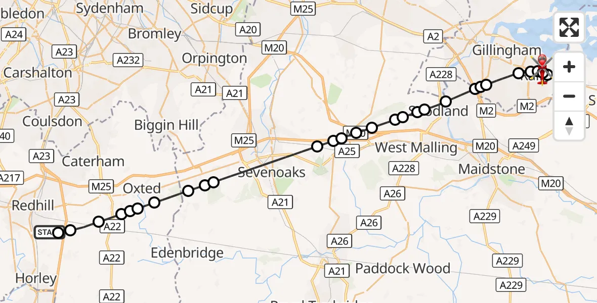 Flight route Air Ambulance Helicopter Redhill Aerodrome - Gillingham, 18 October 2026, 02:53