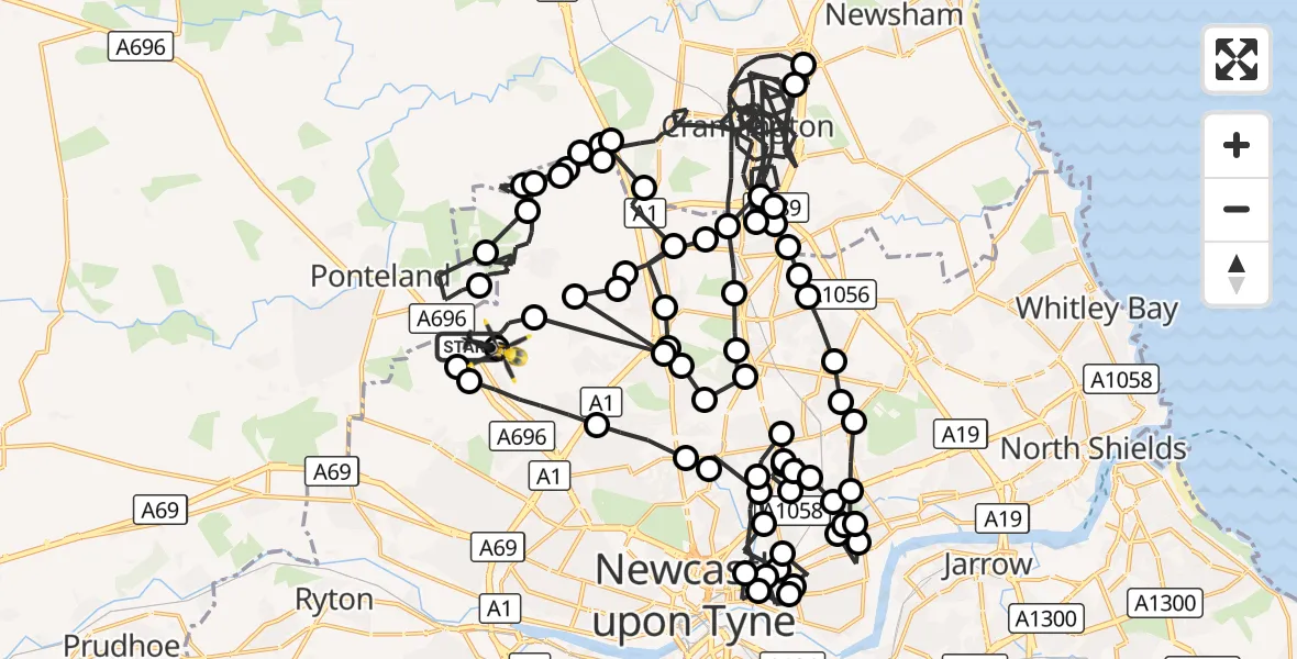 Flight route Police Helicopter Newcastle International Airport - Woolsington, 18 October 2026, 03:59
