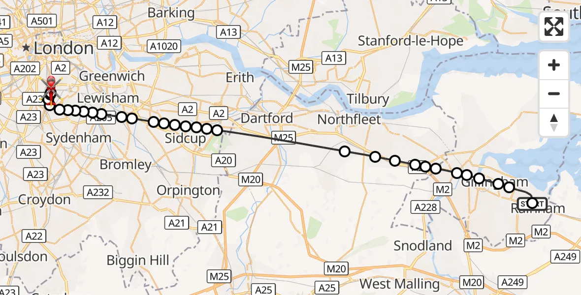 Flight route Air Ambulance Helicopter Rainham - Kings College London Hospital, 18 October 2026, 04:08