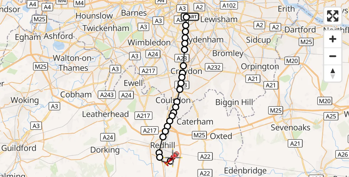 Flight route Air Ambulance Helicopter Kings College London Hospital - Redhill Aerodrome, 18 October 2026, 05:06