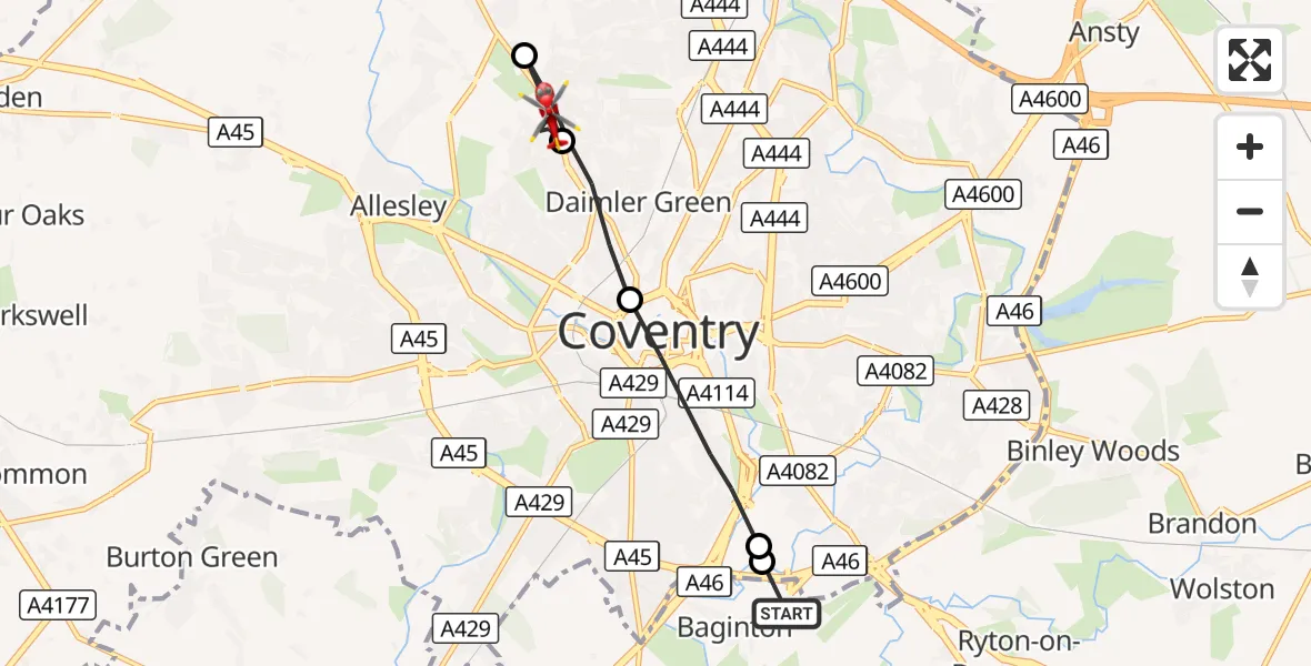 Flight route Air Ambulance Helicopter Coventry Airport - Brownshill Green, 18 October 2026, 06:48