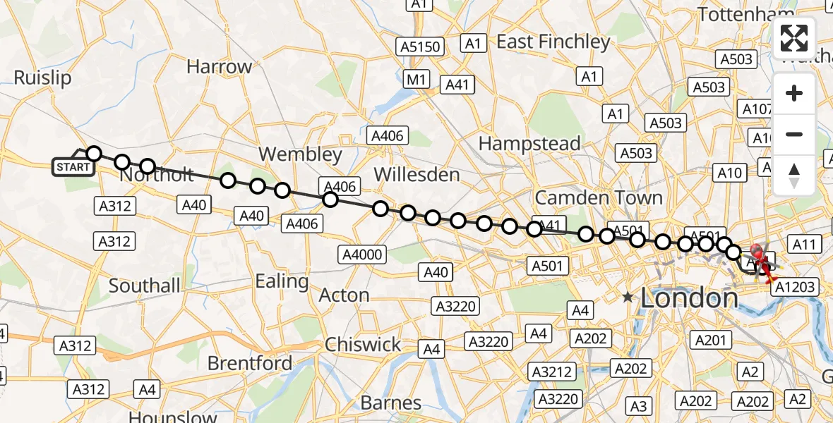 Flight route Air Ambulance Helicopter RAF Northolt - Royal London Hospital, 18 October 2026, 07:02