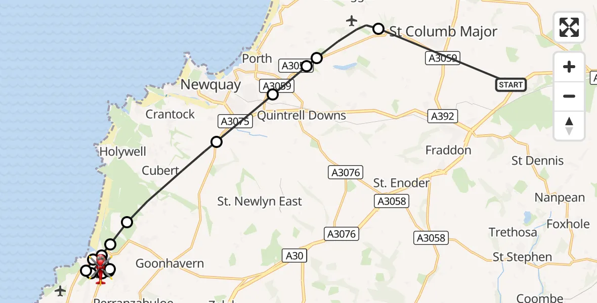 Flight route Air Ambulance Helicopter St. Columb Major - Perrancoombe, 18 October 2026, 07:08