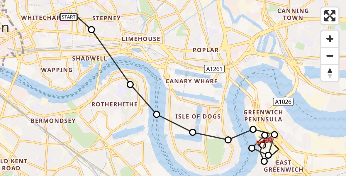 Flight route Air Ambulance Helicopter Royal London Hospital - Greenwich Peninsula, 18 October 2026, 07:38