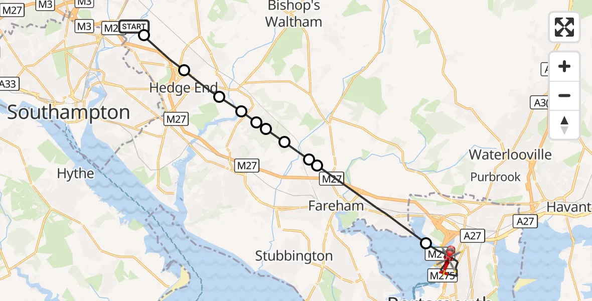 Flight route Air Ambulance Helicopter Southampton Airport - Tipner, 18 October 2026, 07:38