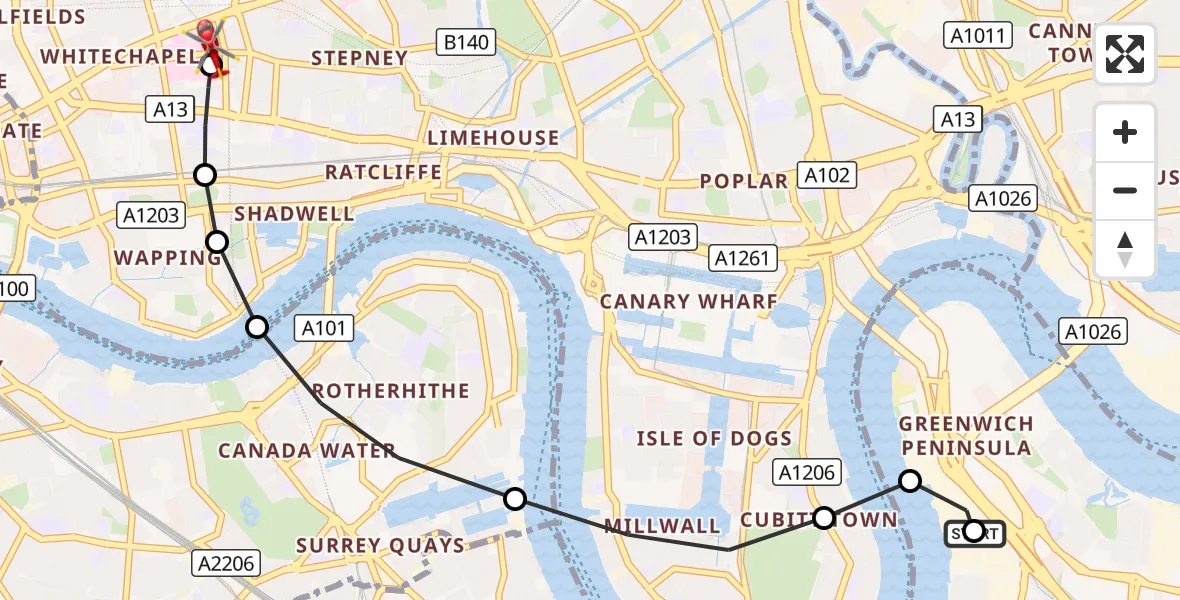Flight route Air Ambulance Helicopter Greenwich Peninsula - Royal London Hospital, 18 October 2026, 07:52