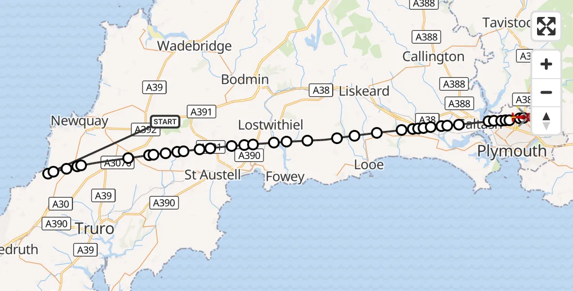 Flight route Air Ambulance Helicopter St. Columb Major - Derriford Hospital, 18 October 2026, 08:23