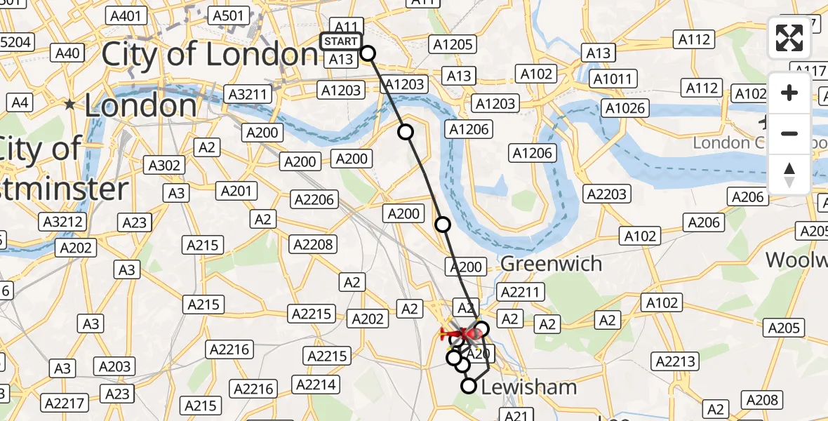 Flight route Air Ambulance Helicopter Royal London Hospital - Deptford, 18 October 2026, 08:24