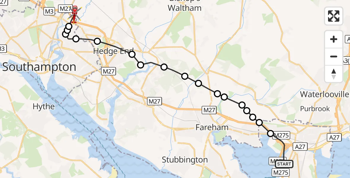 Flight route Air Ambulance Helicopter Tipner - Southampton Airport, 18 October 2026, 08:34
