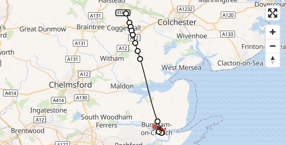 Flight route Air Ambulance Helicopter Earls Colne Airfield - Burnham-on-Crouch, 18 October 2026, 08:38