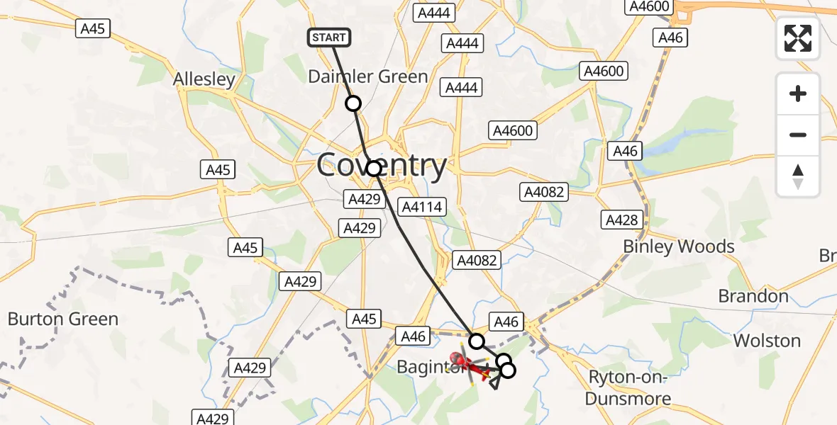 Flight route Air Ambulance Helicopter Daimler Green - Coventry Airport, 18 October 2026, 09:09