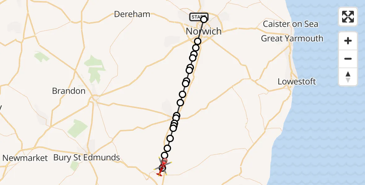 Flight route Air Ambulance Helicopter Norwich Airport - Stonham Parva, 18 October 2026, 09:17