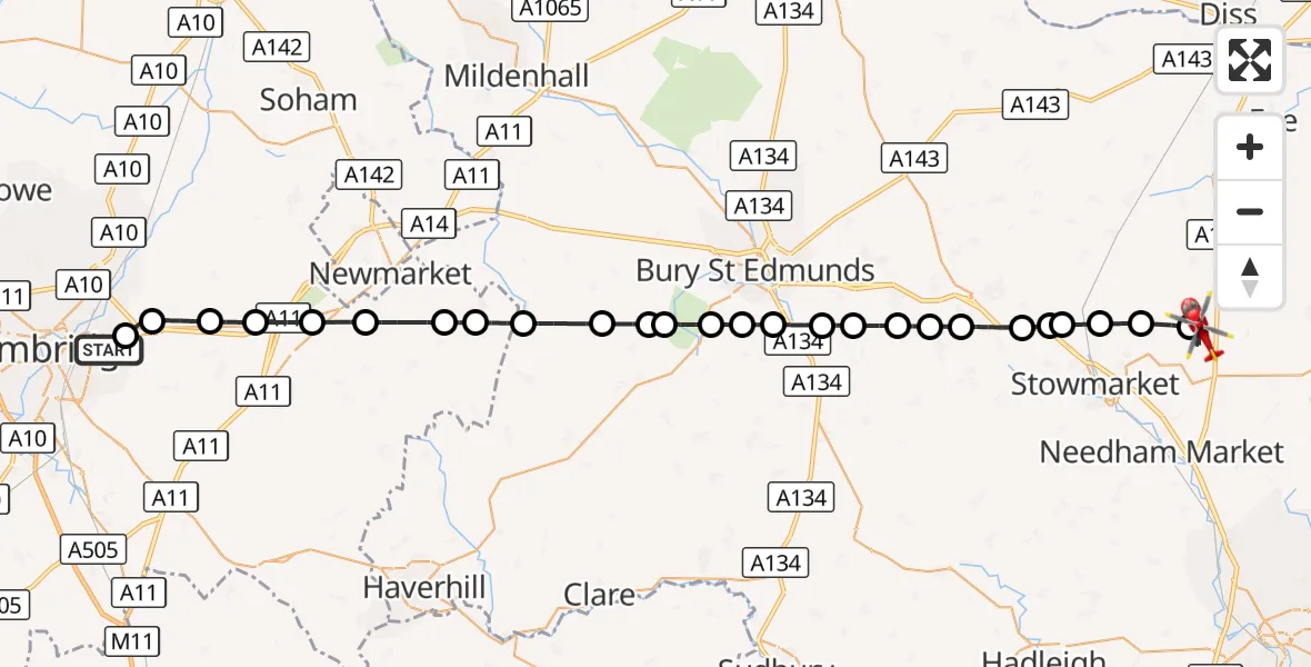 Flight route Air Ambulance Helicopter Cambridge City Airport - Stonham Parva, 18 October 2026, 09:21