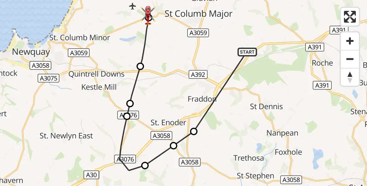 Flight route Air Ambulance Helicopter St. Columb Major - Cornwall Airport Newquay, 18 October 2026, 09:49
