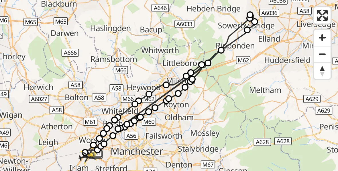 Flight route Police Helicopter Worsley - Manchester Barton Aerodrome, 18 October 2026, 09:50
