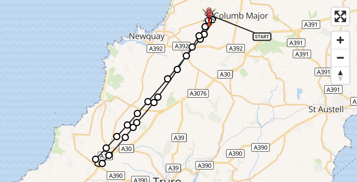 Flight route Air Ambulance Helicopter St. Columb Major - Cornwall Airport Newquay, 18 October 2026, 10:00