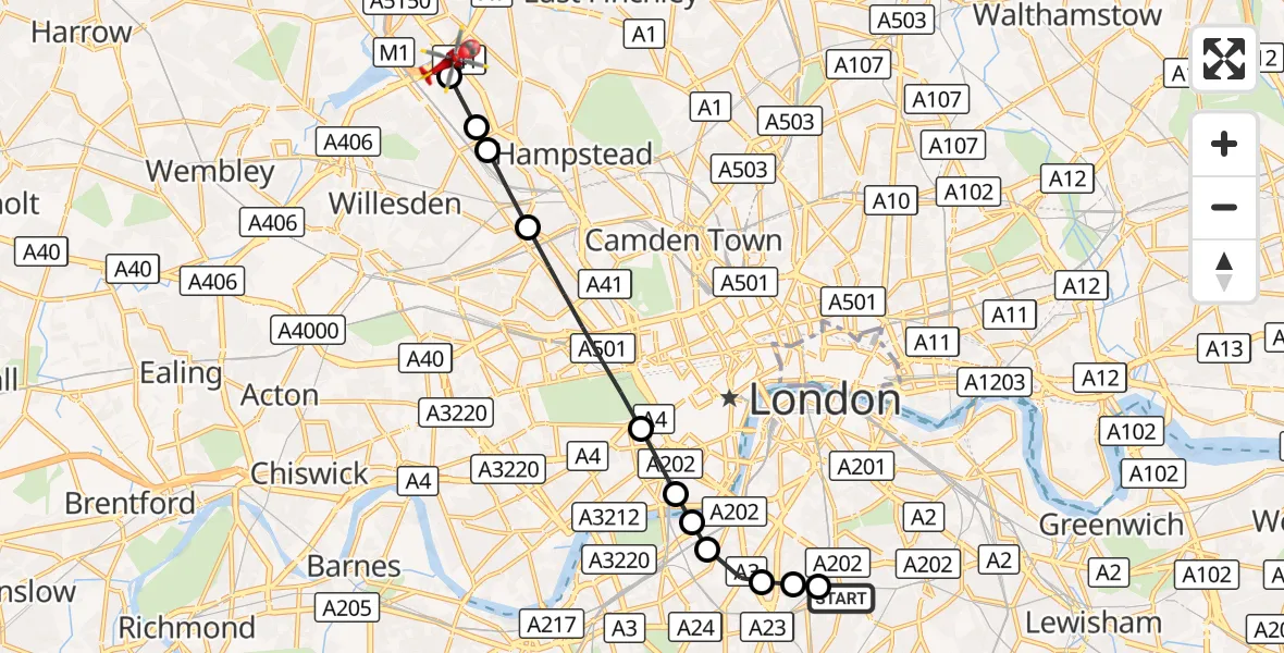 Flight route Air Ambulance Helicopter Kings College London Hospital - Brent Cross, 18 October 2026, 10:10