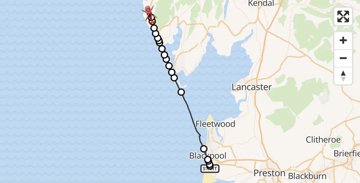 Flight route Air Ambulance Helicopter Blackpool Airport - Bootle, 18 October 2026, 10:29
