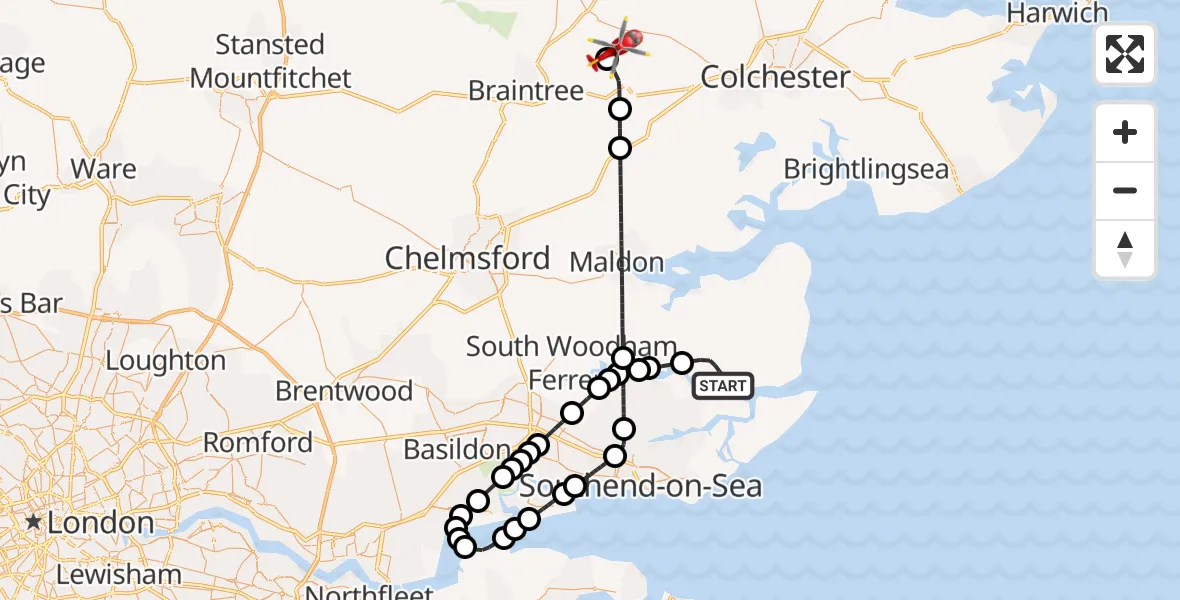 Flight route Air Ambulance Helicopter Burnham-on-Crouch - Earls Colne Airfield, 18 October 2026, 10:41