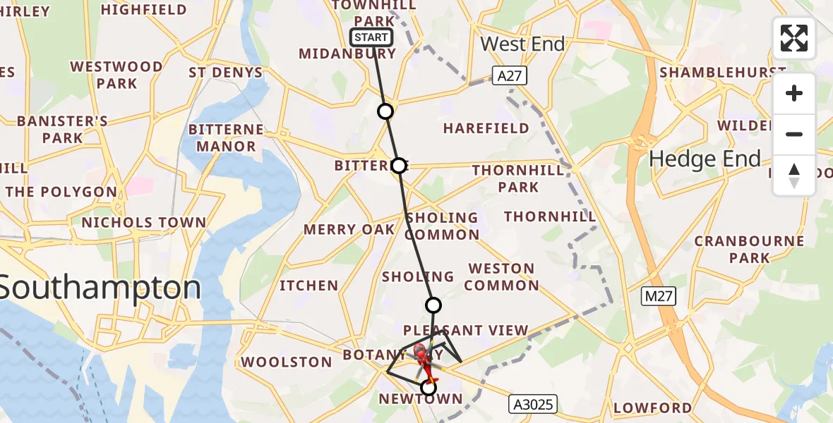 Flight route Air Ambulance Helicopter Midanbury - Newtown, 18 October 2026, 10:50