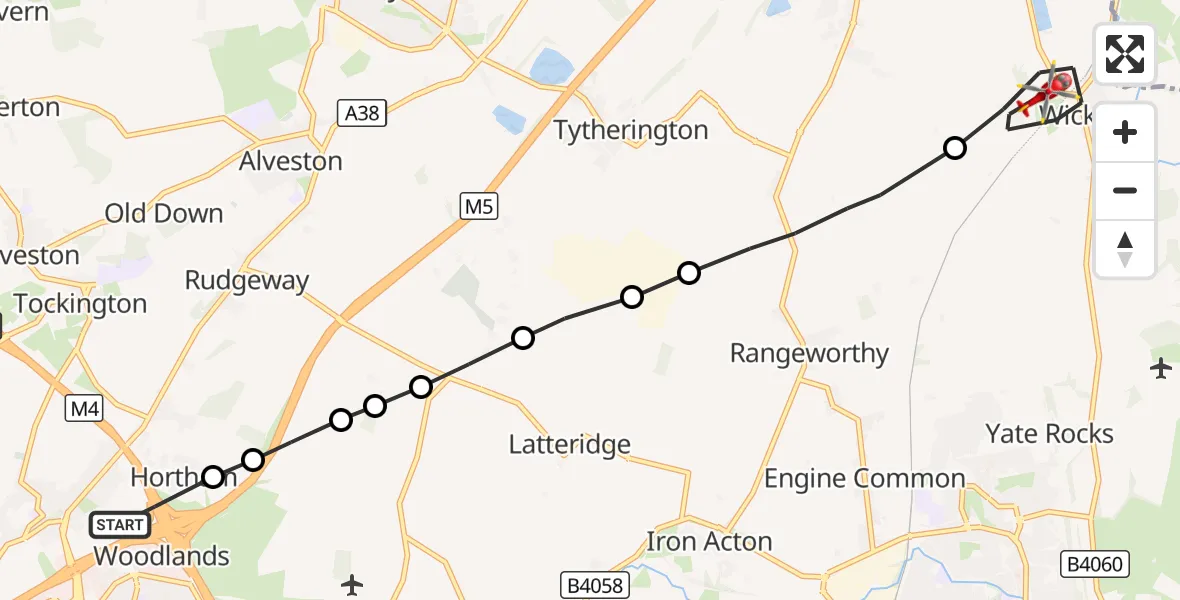 Flight route Air Ambulance Helicopter Almondsbury Helicopter Base - Wickwar, 18 October 2026, 10:51