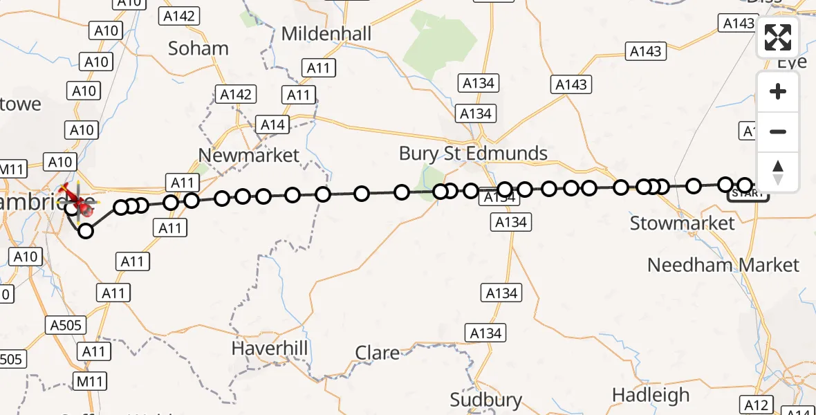 Flight route Air Ambulance Helicopter Stonham Parva - Cambridge City Airport, 18 October 2026, 10:52