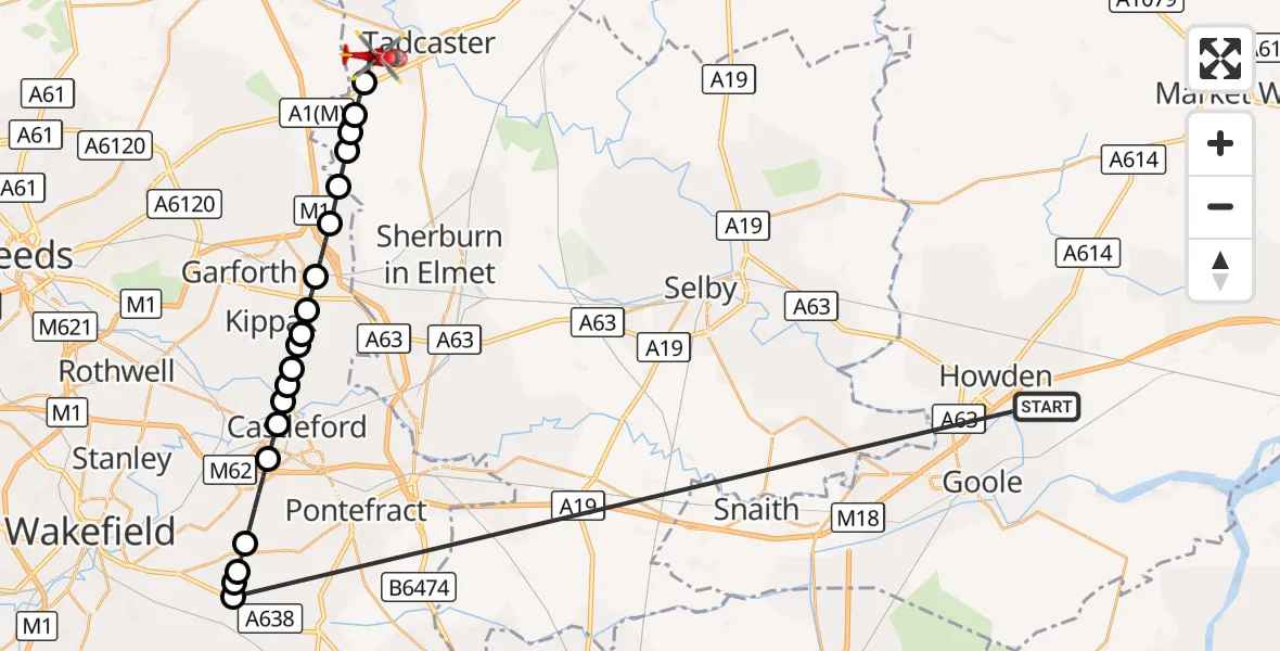 Flight route Air Ambulance Helicopter Balkholme - Tadcaster, 18 October 2026, 11:15