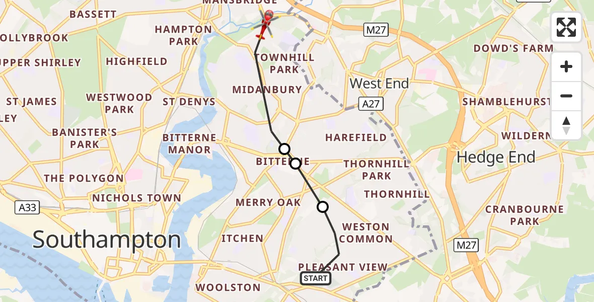 Flight route Air Ambulance Helicopter Weston Common - Mansbridge, 18 October 2026, 11:18