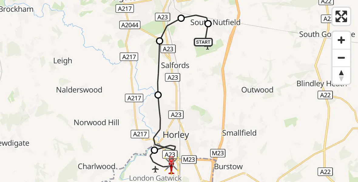Flight route Air Ambulance Helicopter Redhill Aerodrome - London Gatwick Airport, 18 October 2026, 11:19