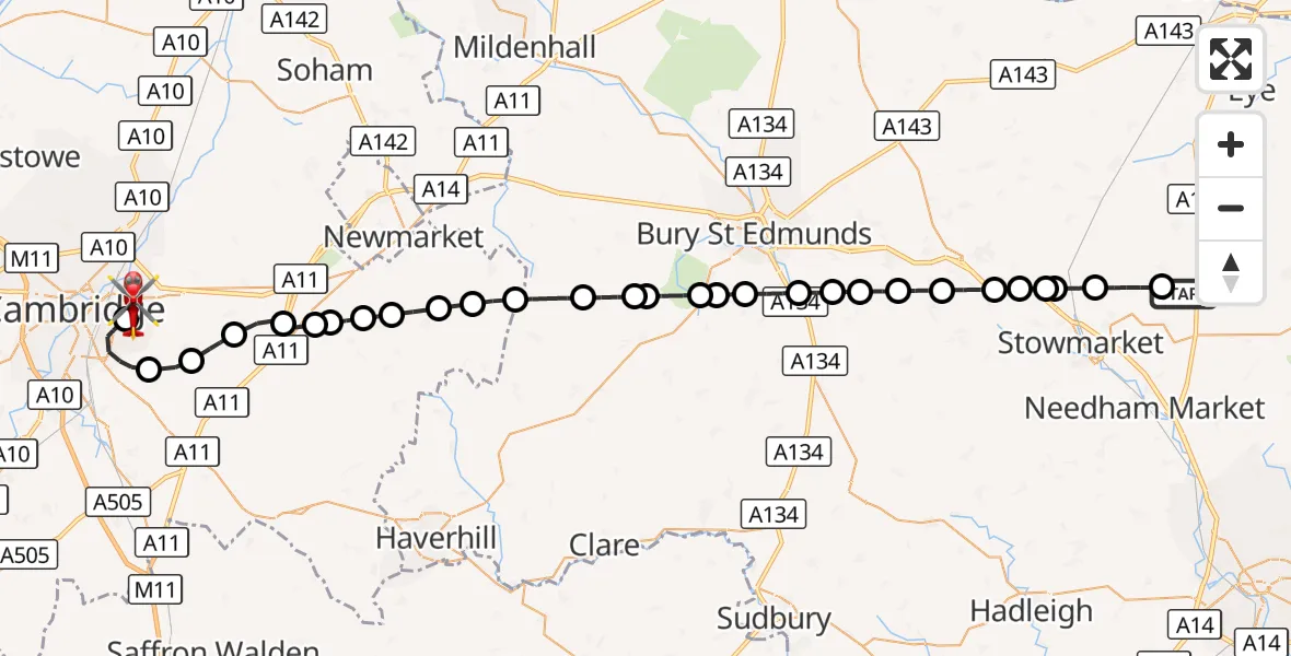 Flight route Air Ambulance Helicopter Stonham Parva - Cambridge City Airport, 18 October 2026, 11:22