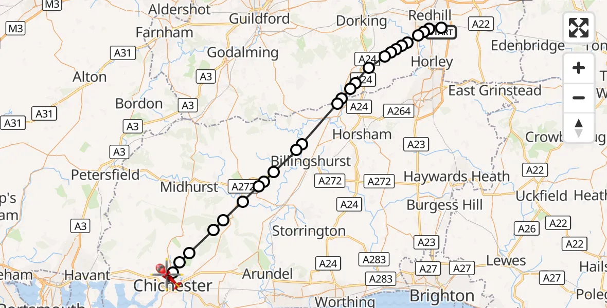 Flight route Air Ambulance Helicopter Redhill Aerodrome - Chichester, 18 October 2026, 11:47