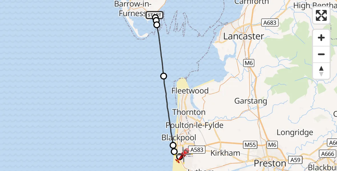 Flight route Air Ambulance Helicopter Aldingham - Blackpool Airport, 18 October 2026, 11:49