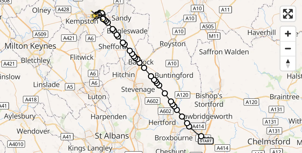 Flight route Police Helicopter North Weald Bassett - Cople, 18 October 2026, 11:52